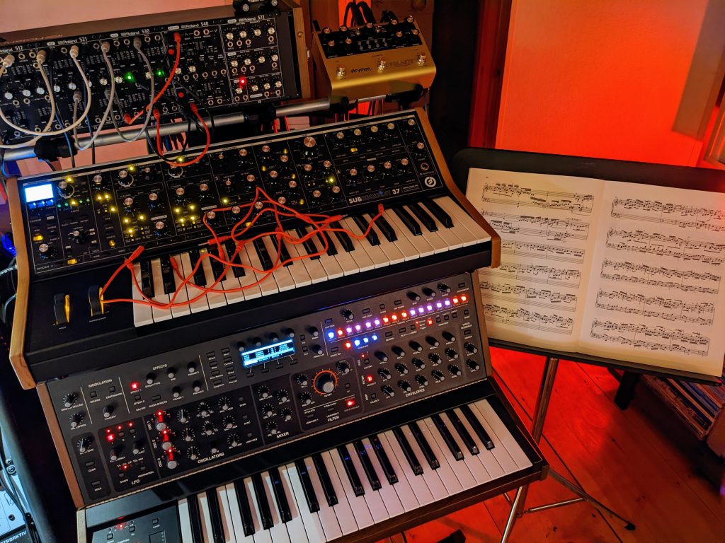 Synthesizers in a music studio